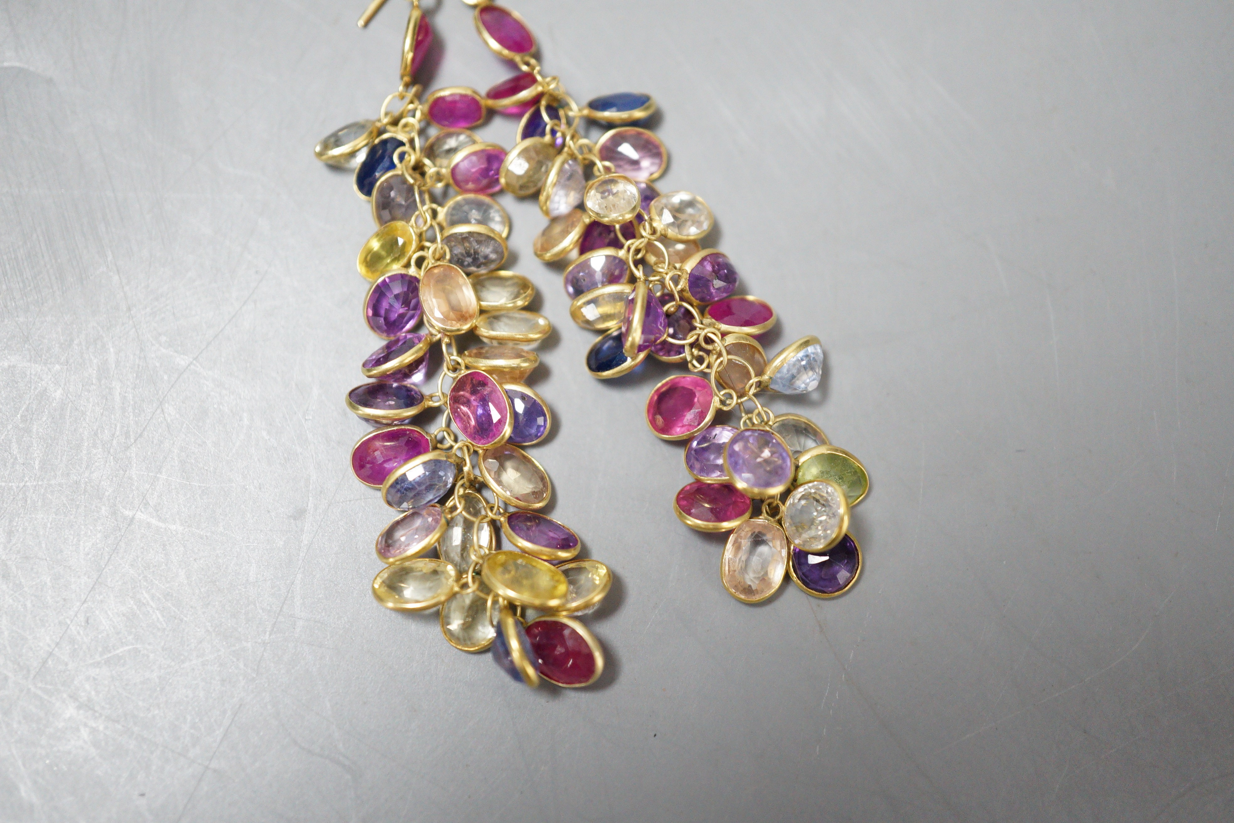 A modern pair of yellow metal and multi gem cluster set drop earrings, 49mm, gross weight 8.5 grams.